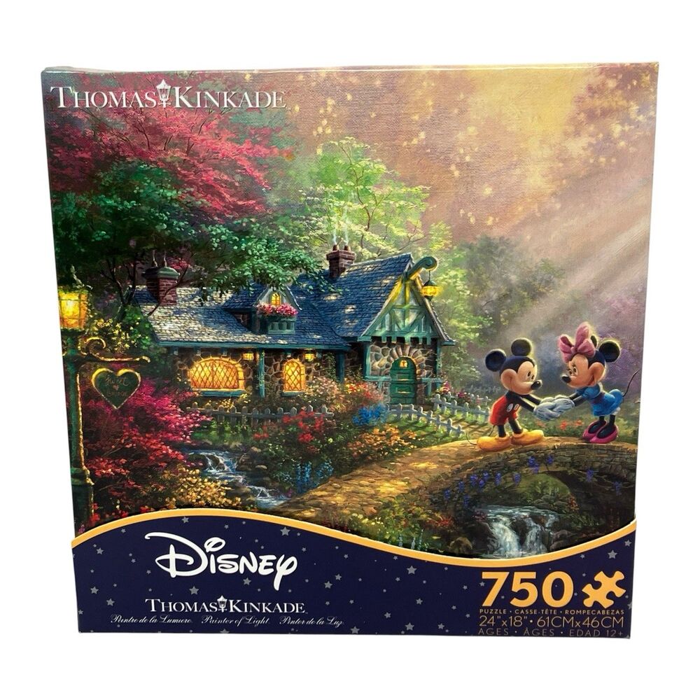 Disney Thomas Kinkade 750 Pc Puzzle Mickey Minnie Cottage Garden Scene Romantic
